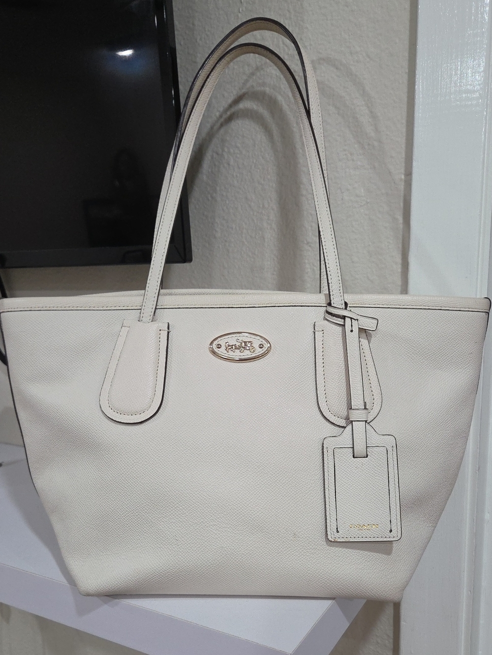 Coach Taxi Ivory Leather Tote with Gold Hardware and Luggage Tag